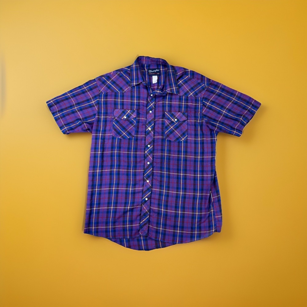 Vtg Wrangler Plaid Western Pearl Snap Shirt Mens XL XLong Tails Short Sleeve